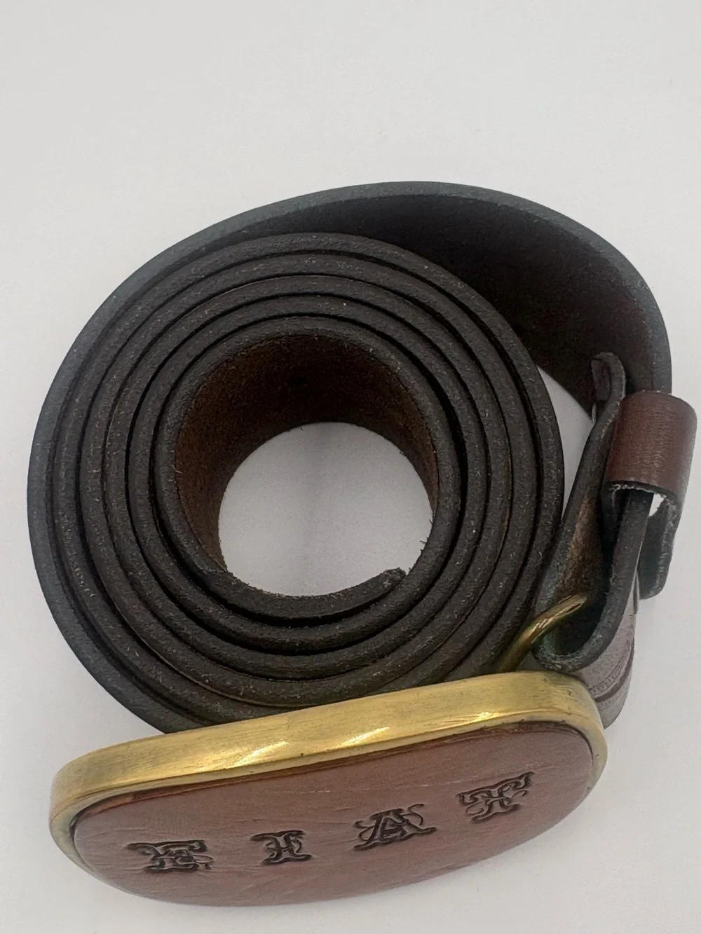 Vintage FIAT Solid Brass Buckle Genuine Cowhide Embossed Leather Belt Italy 74